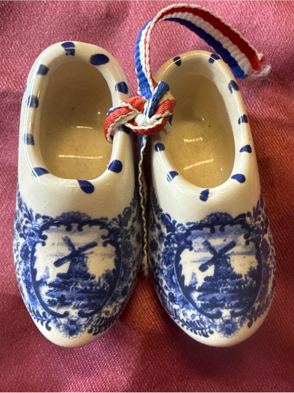 Delft Blue Holland Hand Painted Ceramic Miniature Shoes 2in Windmill Design